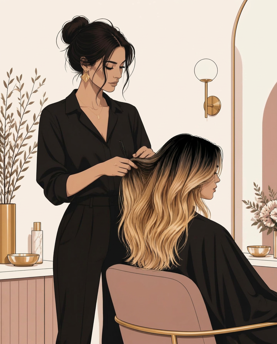 Illustration of a stylist working on a client's blonde balayage at Salora Hair